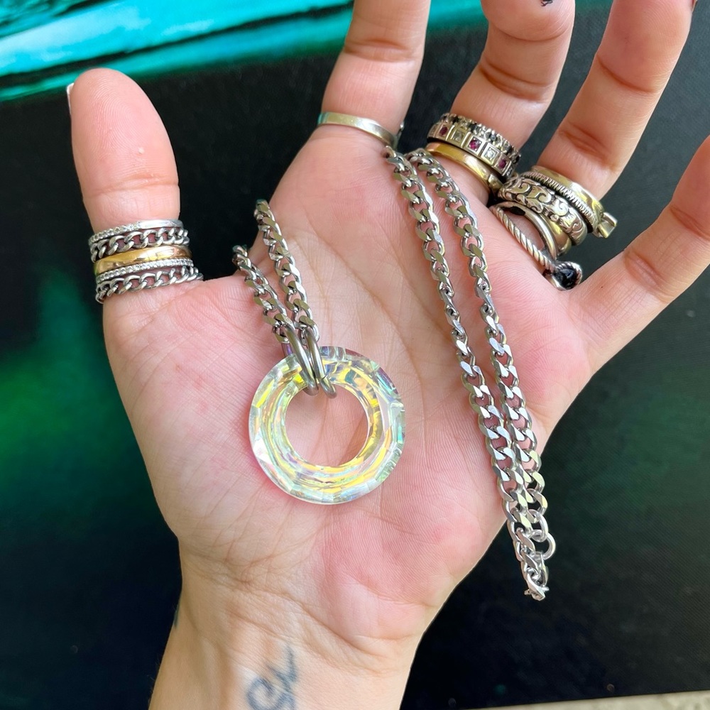 Rainbow Crystal necklace . Swarovski iridescent circle steel cuban chain choker - Picture 15 of 16